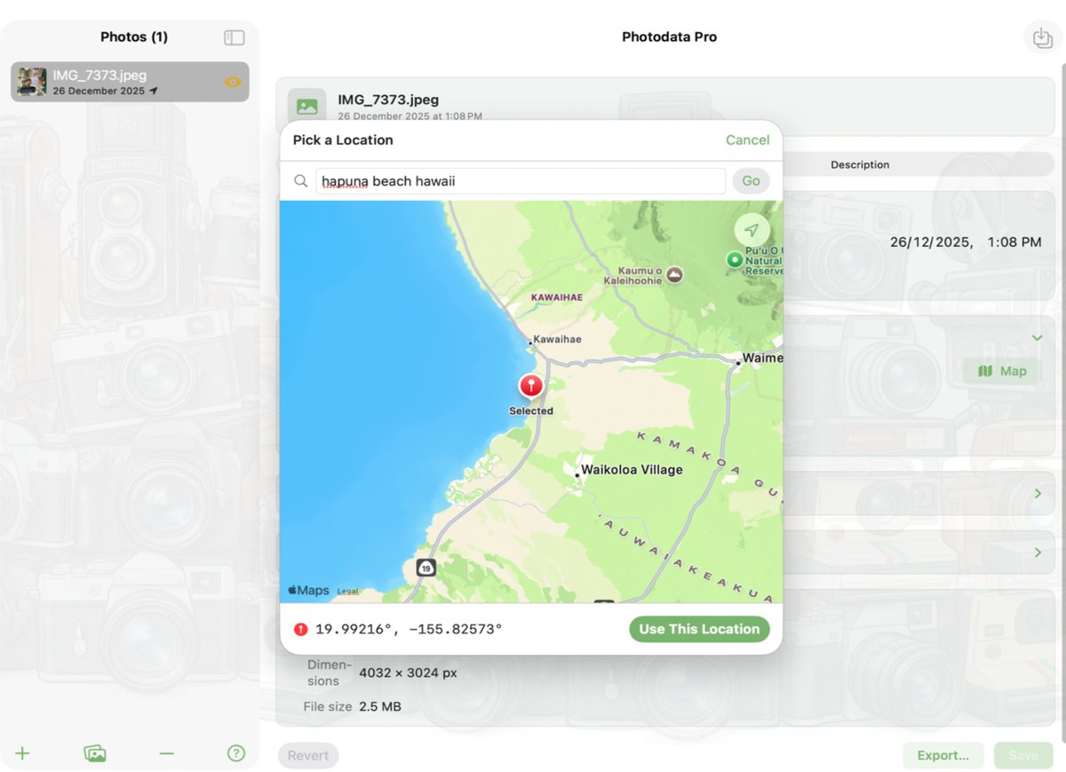 Photodata Pro on iPad — full editor with map and description panel