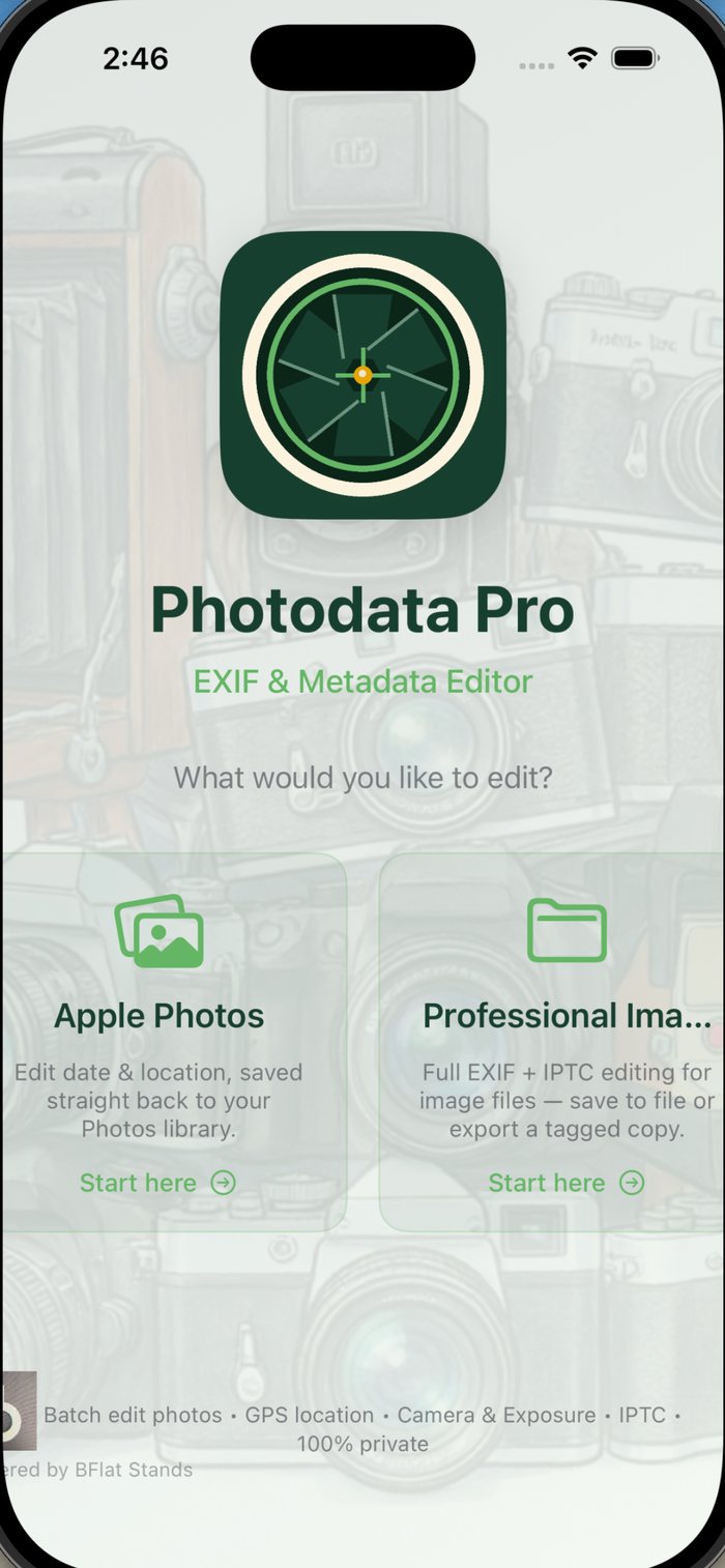 Photodata Pro on iPhone — choose Apple Photos or the full editor