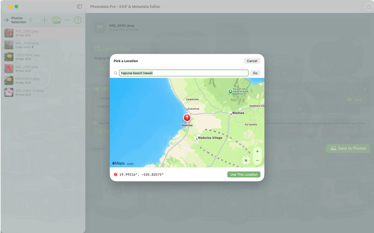 Photodata Pro on Mac — interactive GPS map picker